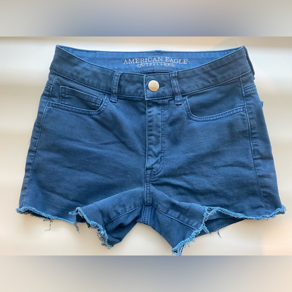 American Eagle Distressed Blue Hi Rise Shortie Shorts size 6